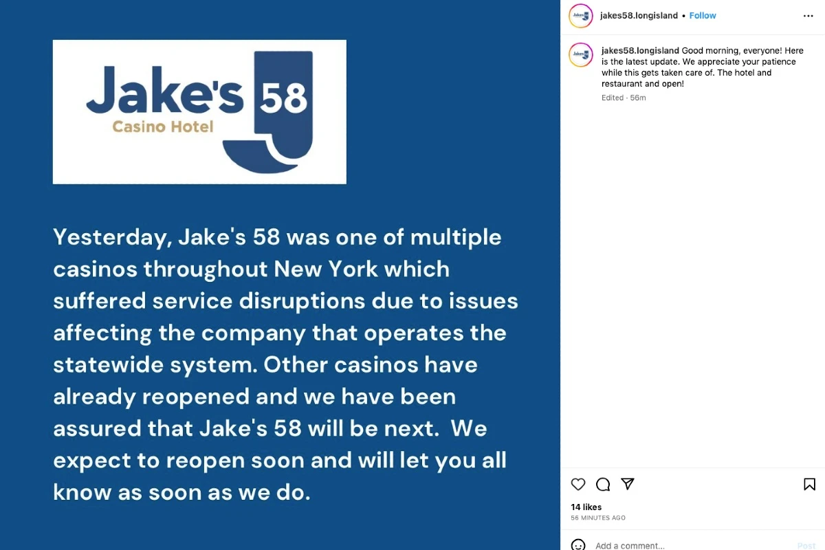 Jake’s 58赌场因“服务中断
